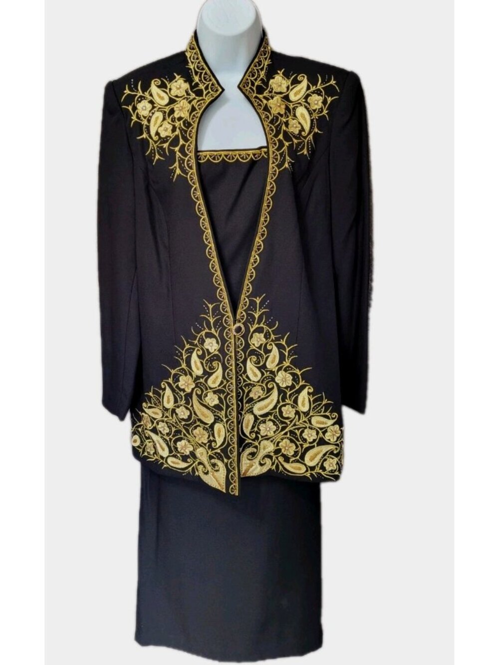 Vintage 80s‎ Beaded Embroidered  Jacket Blazer Skirt Set Evening Suit Black 14